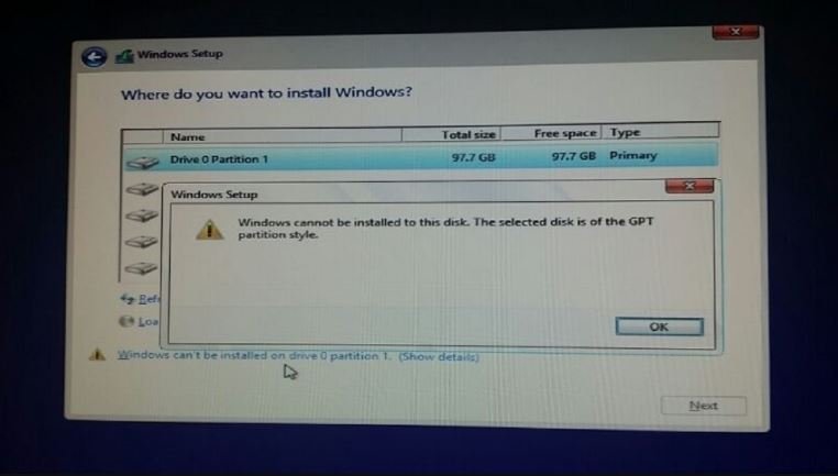 Windows cannot be installed to this disk